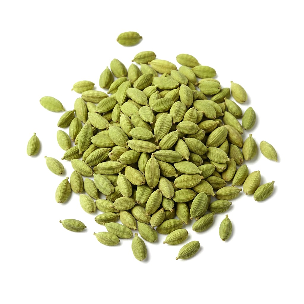 Green cardamom heaped in a small glass dish