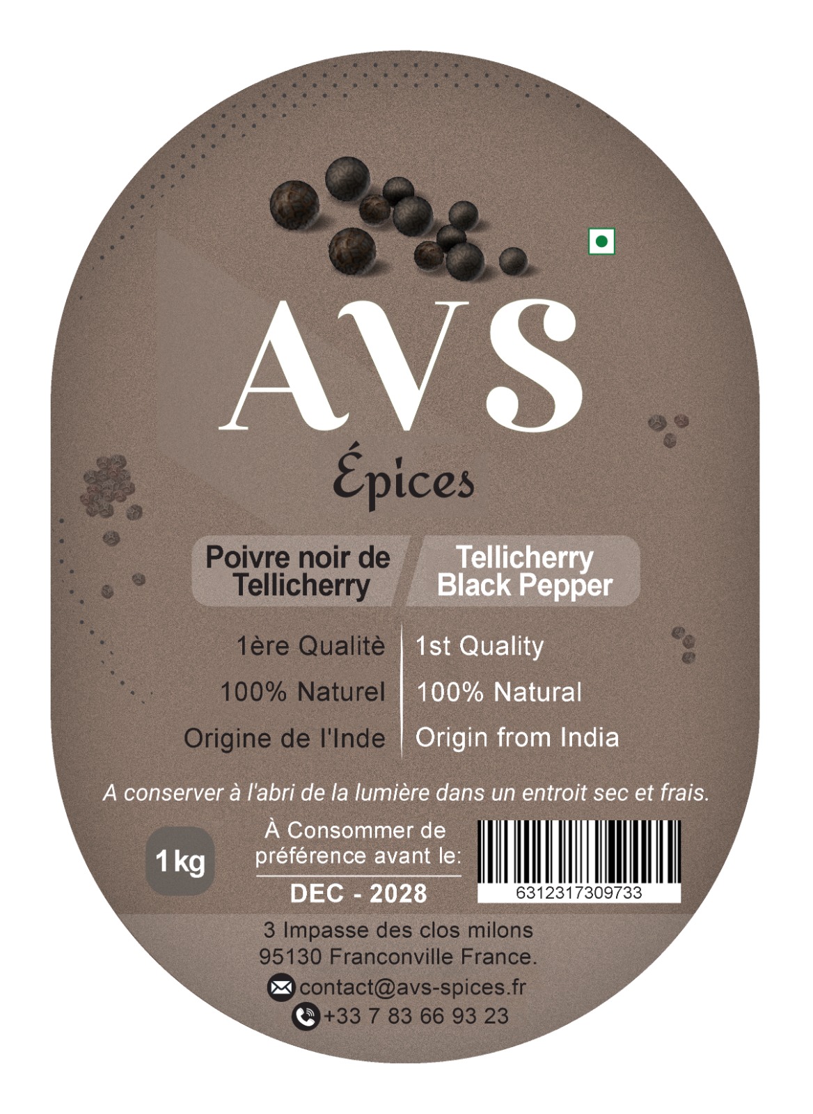 Thalassery black pepper product lable